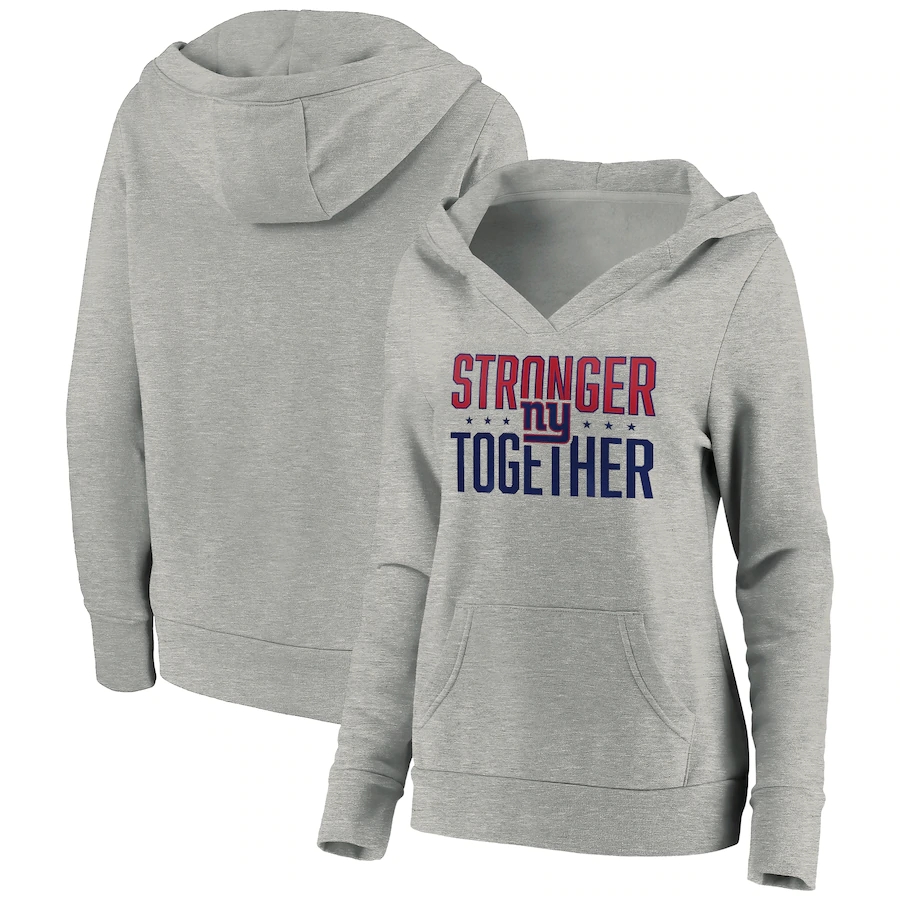 Women's New York Giants Heather Gray Stronger Together Crossover Neck Pullover Hoodie(Run Small)